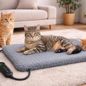 May include: A gray heated pet bed with a black control panel and three cats. One cat is lying on the bed, while two others are nearby. The cats are orange and brown tabby. The bed is on a light-colored rug.