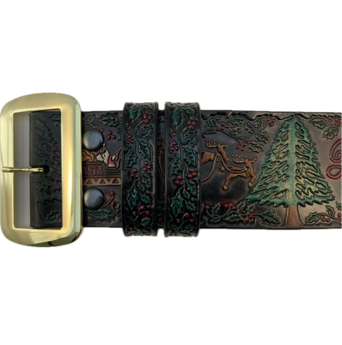 8676 Christmas Tooled Leather Santa Claus Belt And Buckle- 3\