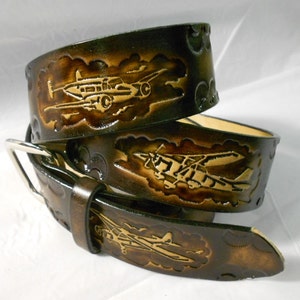 Airplane Flight Leather Belt, USA HandCrafted, Piper Cub Beechcraft Cesna Planes