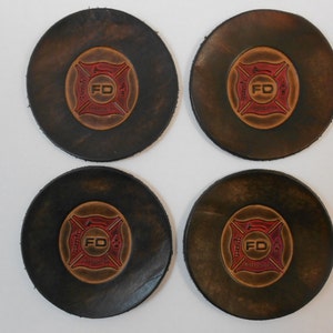 Set of 4 Handcrafted Leather Drink Coasters, Firefighter Design, Bar Beverage USA Fire Department FD
