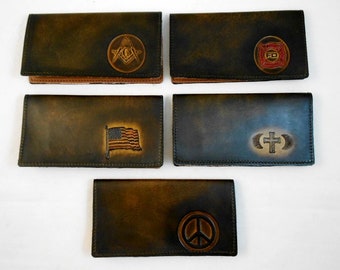 Leather Check Book Cover, Handcrafted, Many Designs Mason Firefighter Flag Cross Peace Sign