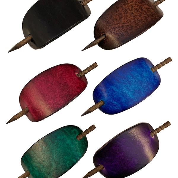 2 Hand Crafted Leather Stick Hair Barrettes, Ponytail, Oval, Colors Brown Black Pinkish Red Blue Green Purple