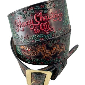 Hilltop Leather Company Tooled Leather Santa Claus Belt & Buckle – Christmas Theme