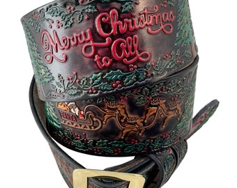 Hilltop Leather Company Tooled Leather Belt & Buckle – Merry Christmas Santa Scene – Unisex Adult – USA Made