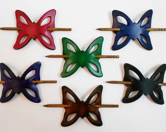 2 Leather Butterfly Hair Barrettes w Sticks, Large Ponytail Holders, Choice of Colors