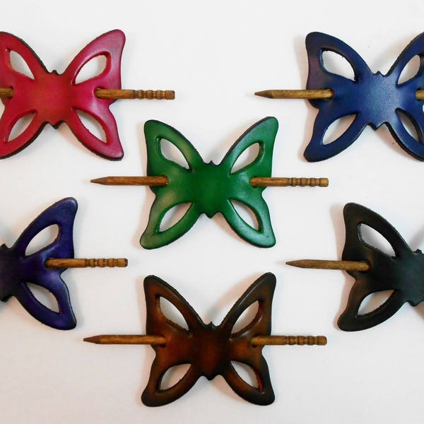 2 Leather Butterfly Hair Barrettes w Sticks, Large Ponytail Holders, Choice of Colors