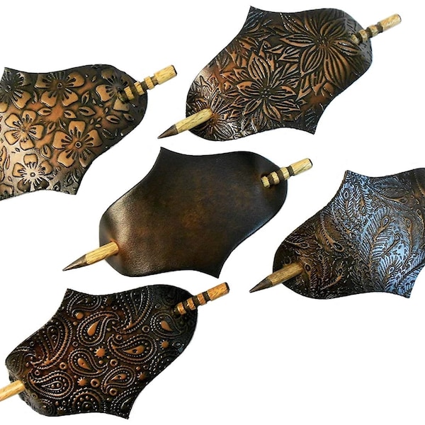 2 Very Large Hand Crafted Leather Stick Hair Barrettes Ponytail, Diamond, Brown or Black, Many Designs, Floral Paisley Patterns