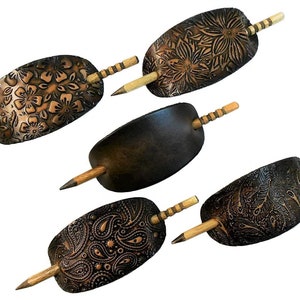 2 Large Hand Crafted Leather Stick Hair Barrette, Ponytail, Oval, Brown or Black, Many Designs, Floral Paisley Peacock Feather Patterns