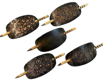 2 Large Hand Crafted Leather Stick Hair Barrette, Ponytail, Oval, Brown or Black, Many Designs, Floral Paisley Peacock Feather Patterns