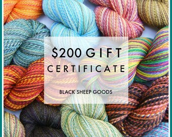 Gift Certificate - 200 Dollars - Handspun yarn, gift for knitter, e-certificate, Christmas gift, birthday gift, Mother's Day gift for her