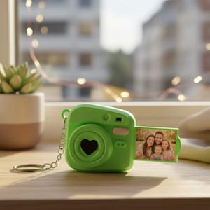 Puede incluir: Una cámara en miniatura de color verde lima con una lente en forma de corazón y una pequeña impresión fotográfica. La cámara tiene un llavero adjunto y está sobre una superficie de madera. Una pequeña suculenta en maceta está en el fondo.