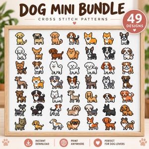 49 Dog Cross Stitch Pattern Bundle, Small Cute Dog Breed Cross Stitch PDF, Tiny Dog Pixel Art Chart, Instant Download Needlepoint Pattern