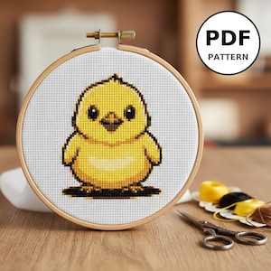 Cute Baby Chick Cross Stitch Pattern - Small 100x100 Design, Easy Beginner Embroidery PDF, 7 DMC Colors, Spring Chicken DIY Decor