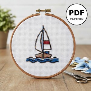 Sailboat Cross Stitch Pattern PDF - Small & Simple Ocean Design, 100x100 Stitches, Beginner Friendly, Instant Download, Nautical Decor