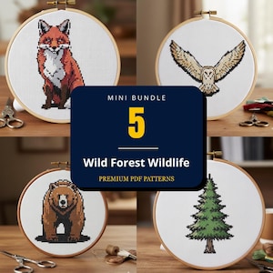 Peut inclure: Un mini ensemble de 5 modèles de point de croix sur le thème de la faune forestière. Le lot comprend quatre tambours à broder en bois affichant des motifs de renard, de chouette, d'ours et de sapin sur toile blanche. Le texte indique MINI BUNDLE 5 Wild Forest Wildlife PREMIUM PDF PATTERNS.