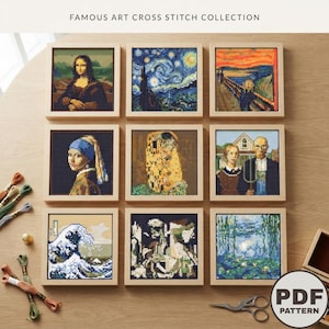 Peut inclure: Une collection de neuf modèles de point de croix encadrés représentant des reproductions d'art célèbres, dont la Joconde, La Nuit étoilée, Le Cri, La Jeune Fille à la perle, Le Baiser, American Gothic, La Grande Vague et les Nymphéas.