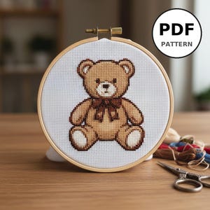 Teddy Bear Cross Stitch Pattern, Small 100x100 Stitches, Cute Bear Cub Design, Easy Beginner DIY, 9 DMC Colors, Instant PDF Download
