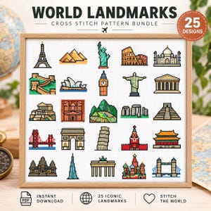 May include: A framed cross stitch pattern bundle titled WORLD LANDMARKS featuring 25 pixelated designs of global monuments including the Eiffel Tower, Statue of Liberty, Colosseum, Taj Mahal, Great Wall, and Big Ben on a white grid.
