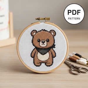 Cute Bear Cross Stitch Pattern, Small Animal Embroidery Design, Easy Beginner Project, 100x100 Stitch PDF, 9 DMC Colors, Instant Download