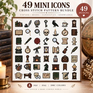 Peut inclure: Un ensemble de modèles de point de croix avec 49 mini icônes et le texte 49 MINI ICONS CROSS STITCH PATTERN BUNDLE VINTAGE BOOKS CURIOSITIES KNOWLEDGE. La grille présente des images pixélisées de livres, globes, crânes, bougies et horloges.