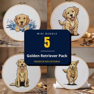 Peut inclure: Quatre tambours à broder circulaires en bois contenant des motifs de point de croix représentant des chiens golden retriever. Un carré bleu foncé central affiche le texte MINI BUNDLE 5 Golden Retriever Pack PREMIUM PDF PATTERNS.