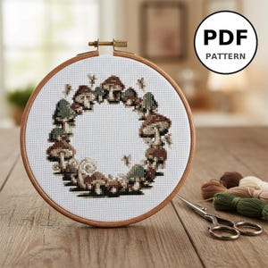 Mushroom Fairy Ring Cross Stitch Pattern, Small Floral Design, Easy Counted Cross Stitch Chart, 100x100, 9 Colors, Instant PDF Download