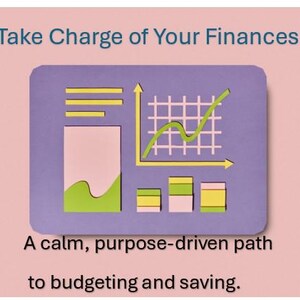 Può includere: Immagine con il testo "Take Charge of Your Finances" e "A calm, purpose-driven path to budgeting and saving." La grafica include grafici in verde e giallo su sfondo viola.