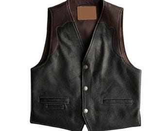 Men’s Western Two-Tone Cowboy Leather Vest Handmade Genuine Leather Waistcoat Vintage Style Riding Vests