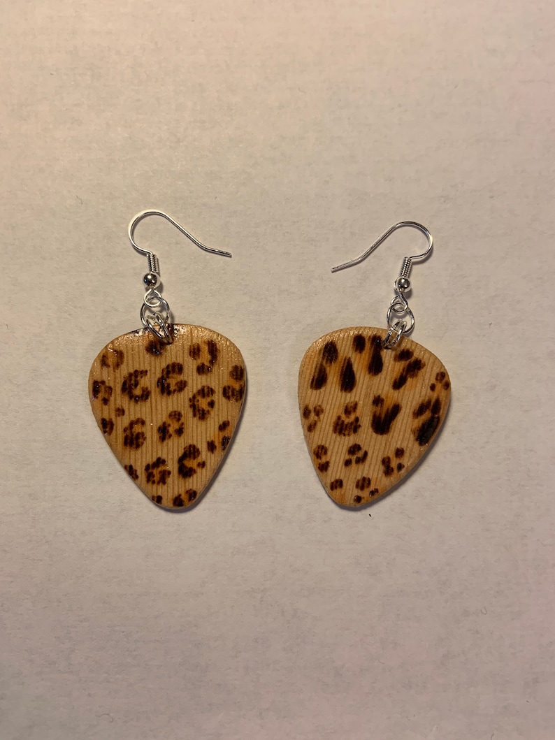 Guitar pick leopard print earrings