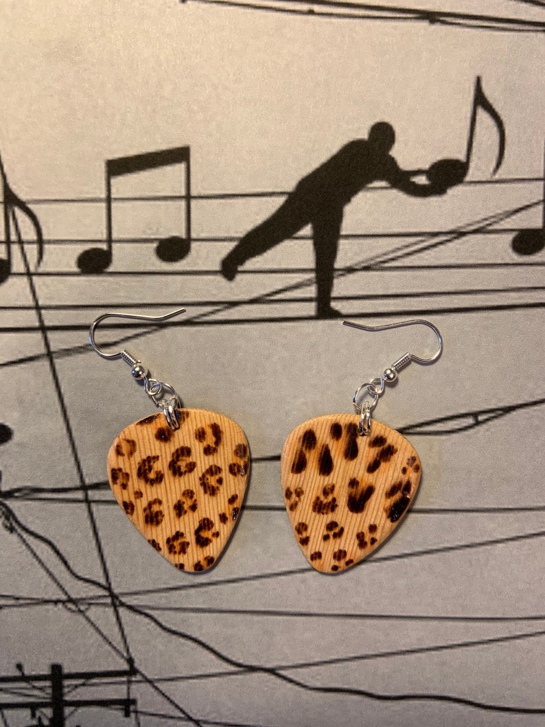 Guitar pick leopard print earrings