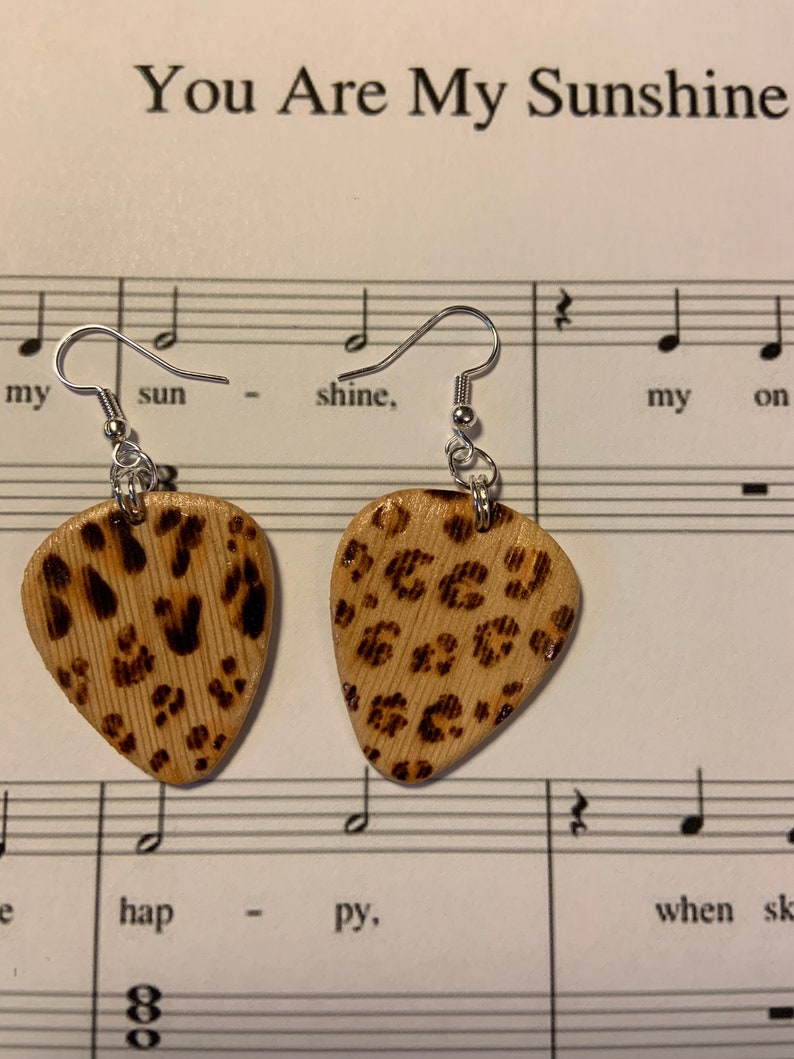 Guitar pick leopard print earrings