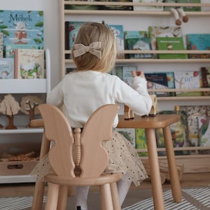Könnte beinhalten: Ein Kind sitzt an einem kleinen Holztisch mit einem stuhl in Schmetterlingsform. Stuhl und Tisch sind aus hellem Holz. Das Kind trägt einen weißen Pullover und einen gepunkteten Rock. Bücherregale mit Büchern sind im Hintergrund.