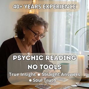 Puede incluir: Imagen promocionando lecturas psíquicas. El texto dice "40+ YEARS EXPERIENCE", "PSYCHIC READING NO TOOLS", y "True Insight • Straight Answers • Soul Truth by Selin". Una mujer con gafas mira cartas sobre una mesa de madera.