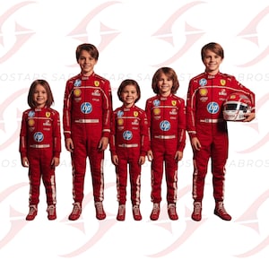 May include: Five children wearing red racing suits with white and yellow accents, and the HP and Ferrari logos. One child holds a racing helmet. The suits have white stripes down the legs and are paired with red racing shoes.