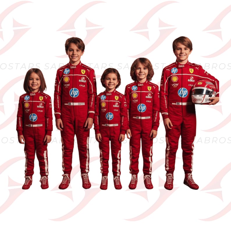 May include: Five children wearing red racing suits with white and yellow accents, and the HP and Ferrari logos. One child holds a racing helmet. The suits have white stripes down the legs and are paired with red racing shoes.