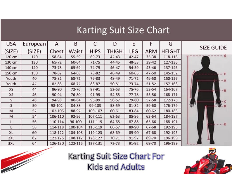 May include: A karting suit size chart for kids and adults, with measurements in inches and centimeters. The chart includes chest, waist, hips, thigh, leg, arm, and height measurements, along with a size guide silhouette.