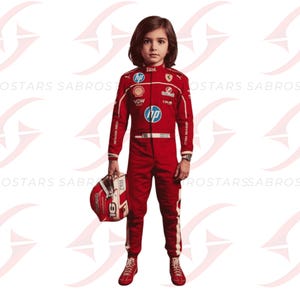 May include: A child wearing a red racing suit with white accents, holding a matching helmet. The suit features sponsor logos and the number 16. The child is also wearing red shoes and a watch.