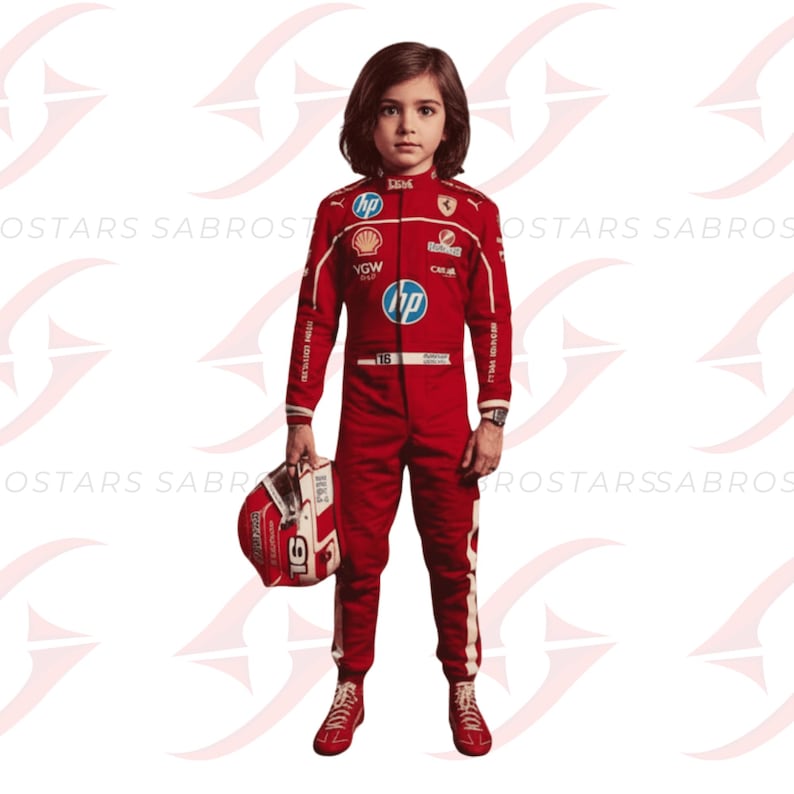 May include: A child wearing a red racing suit with white accents, holding a matching helmet. The suit features sponsor logos and the number 16. The child is also wearing red shoes and a watch.