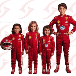 May include: Four children wearing red racing suits with white accents and logos. One child holds a racing helmet with the number 16. The suits feature sponsor logos and are designed to resemble Formula 1 racing attire. The children are smiling.