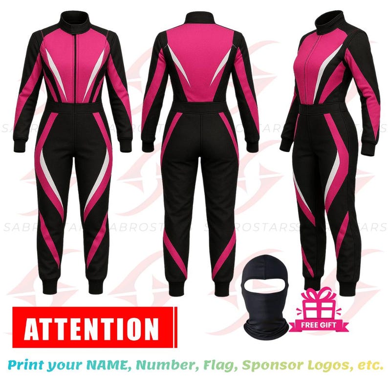 May include: A black and pink racing suit with white accents. The suit has a high collar and a zipper down the front. The text "ATTENTION" is displayed in a red rectangle, with the text "Print your NAME, Number, Flag, Sponsor Logos, etc." below it.