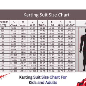 May include: A karting suit size chart for kids and adults, with measurements in inches and centimeters. The chart includes chest, waist, hips, thigh, leg, arm, and height measurements, along with a size guide silhouette.