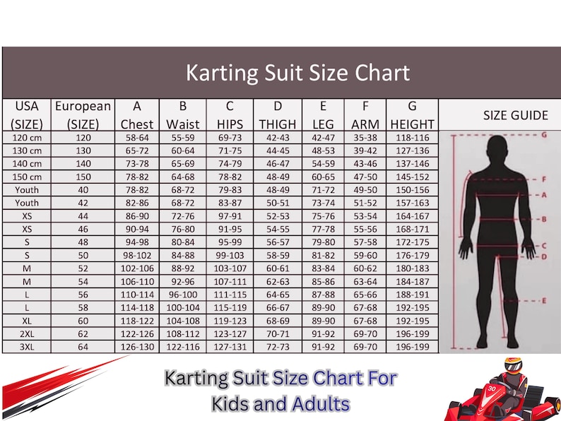May include: A karting suit size chart for kids and adults, with measurements in inches and centimeters. The chart includes chest, waist, hips, thigh, leg, arm, and height measurements, along with a size guide silhouette.