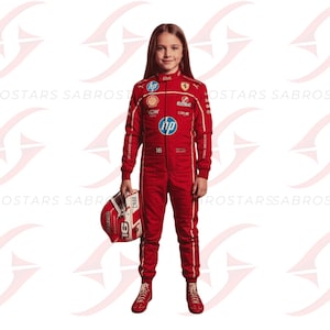 May include: A young person in a red racing suit with white accents, holding a matching helmet. The suit features sponsor logos and the number 16. The helmet has the number 16 and the word "Enok".