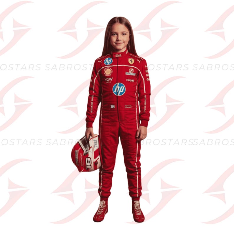 May include: A young person in a red racing suit with white accents, holding a matching helmet. The suit features sponsor logos and the number 16. The helmet has the number 16 and the word "Enok".