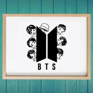 May include: Framed print featuring the BTS logo with cartoon figures peeking out from behind the black emblem. The word "BTS" is printed in bold, black letters at the bottom. The artwork is set against a white background.