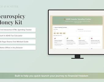 May include: A computer monitor displays the "Neurospicy Money Kit" interface, including an ADHD Impulse Spending Tracker. The screen shows features like an interactive HTML spending tracker, a tax calculator, and a mindset guide. Text at the bottom reads: "Built to help you quick-launch your journey to financial freedom."