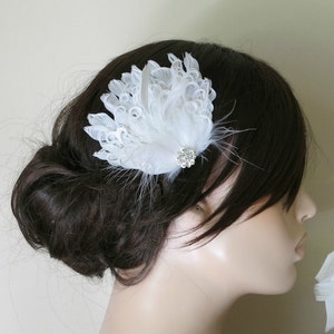 Feather Fascinator White Curled Feathers with Rhinestone Detail, Bridal Feather Clip ,Wedding Hairpiece Hairclip, Art Deco Gatsby 1920s 5 image 2