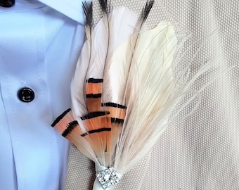 Feather Boutonniere Bout, Peacock Duck Emu Pheasant Feather Lapel Pin, Groom Groomsmen Suit Accessory, Ivory Blush Pink Buttonhole Art Deco