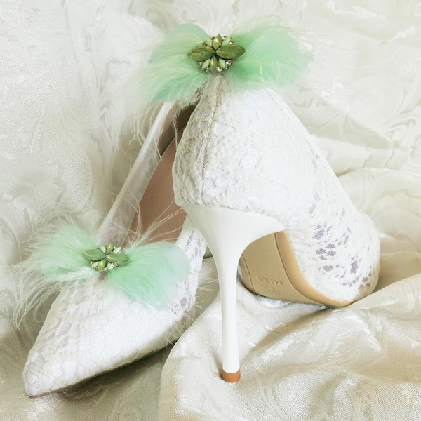 Feather Bow Shoe Clips Mint Green Bridal Bridesmaid, Rhinestone Crystal Opal Gold Wedding Jewelry Accessory, Prom Homecoming Shoeclips #4