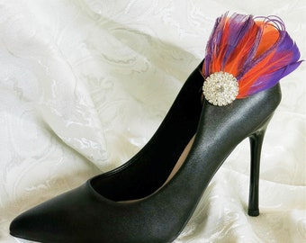 Pinces à chaussures en plumes de paon demoiselle d'honneur nuptiale violet orange, accessoire pour bijoux de mariage en argent et cristal strass | Pinces à chaussures colorées n° 3